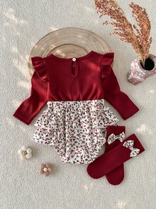 SHEIN Playful Pals 2件組女嬰連身衣與護腿襪套裝，甜美酒紅花卉蝴蝶結荷葉邊羅紋長袖圓領公主風休閒秋季假日款 - 酒紅色 - 查看 2