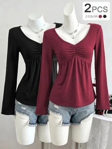 Tween Girls 2pcs Autumn Tops Black + Grey, Solid Color Bell Sleeve V-Neck Pleated Doll Blouse, Casual Versatile - Burgundy - View 1