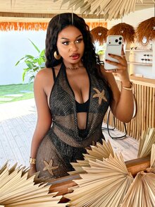 Slaydiva Plus Size Beach Sequin Applique Embroidered Cowl Neck Cover-Up Dress - Black - View 3