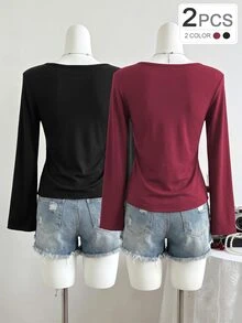 Tween Girls 2pcs Autumn Tops Black + Grey, Solid Color Bell Sleeve V-Neck Pleated Doll Blouse, Casual Versatile - Burgundy - View 2