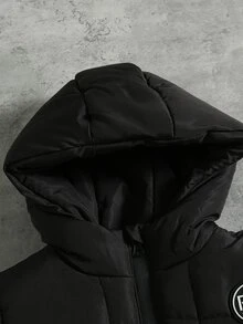 Vinterjacka för pojkar med termofoder, varm, moderiktig, för utomhusbruk, patchwork, mångsidig, med huva och vaddering - Svart - Visa 4