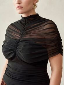 MOTF PREMIUM PLUS SIZE ELEGANT SHEER MESH PLEATED T-SHIRT - Black - View 2