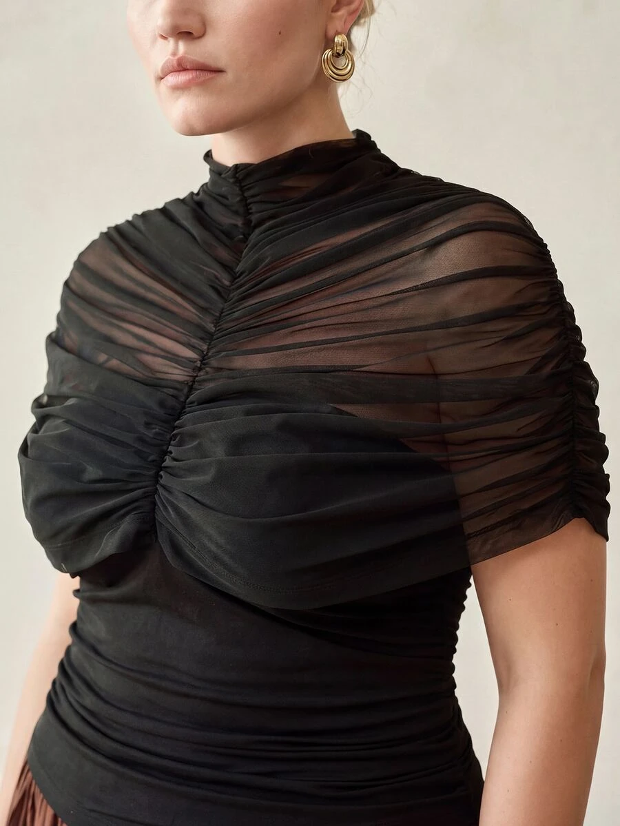 MOTF PREMIUM PLUS SIZE ELEGANT SHEER MESH PLEATED T-SHIRT - Black - View 2