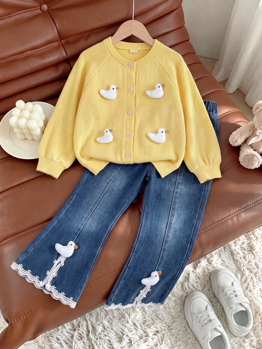 2pcs/Set Girls Sweet Style 3D Duck Decor Lace Trim Long Sleeve Cardigan & Flared Pants Set, Round Neck Raglan Sleeve, Casual Outing Autumn Children's Clothing - Yellow - View 1