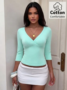 INAWLY Plus Size Women's Solid Color Fitted Versatile Daily Wear Long Sleeve Top Fall - Green - View 1