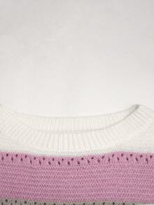 SHEIN Tween女孩休閒彩色條紋露肩寬鬆蝙蝠袖長袖針織衫，秋冬返校季 - 彩色 - 查看 4
