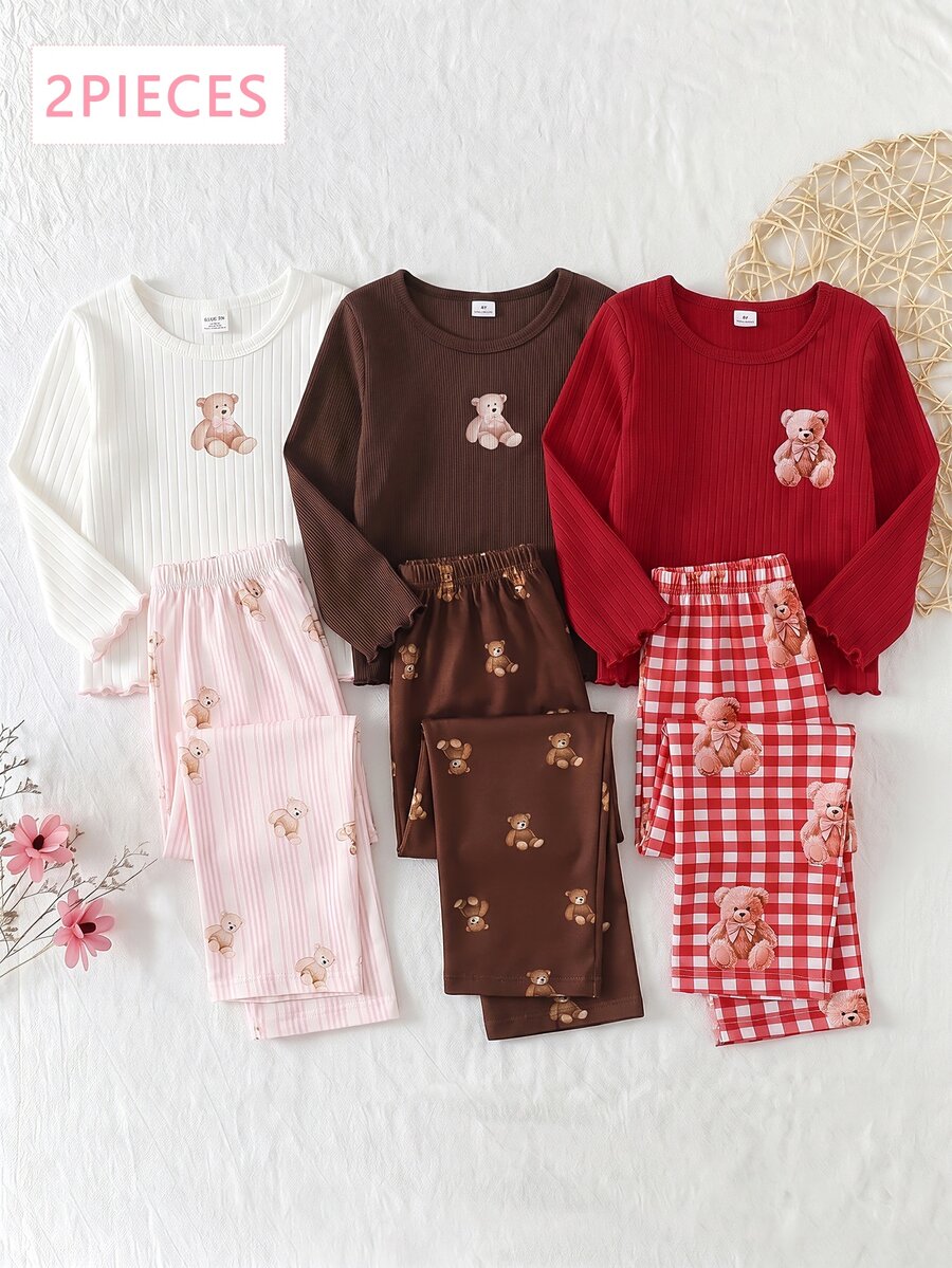 2pcs/Set Young Girl Red Ribbed Bear Print Bow Long Sleeve Top And Ribbed Bear Doll Long Pants Pajama Set - Red - View 1