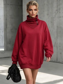 Trelyra Sweatshirt Wanita Lengan Panjang Model Bahu Longgar Kasual Warna Merah dengan Hiasan Kancing dan Kerah Tinggi - Burgundy - View 1
