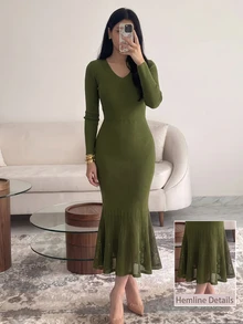 Modelyn Women's V-Neck Premium Bodycon Long Sleeve Sweater Dress, Autumn/Winter - Green - View 1