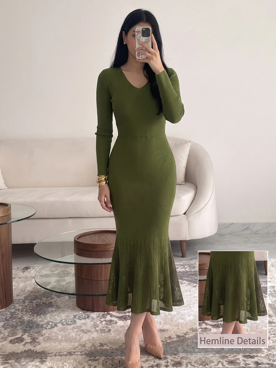 Modelyn Women's V-Neck Premium Bodycon Long Sleeve Sweater Dress, Autumn/Winter - Green - View 1