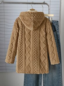 SHEIN Tween女孩灰色抓絨外套 長袖休閒百搭日常校園穿搭 大麻愛心提花 毛絨領開襟中長款秋季... - 棕色 - 查看 2