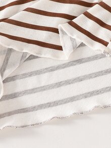 SHEIN 女童 3 件組上衣套裝，棕色條紋、白色波點、純色，條紋波點白色，舒適簡約優雅基本款休閒校園秋季 - 彩色 - 查看 6
