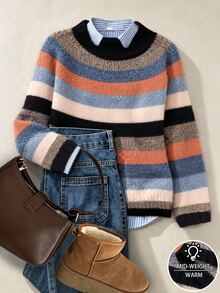 Weeklong Atasan Sweater Rajut Longgar Leher Bulat Minimalis Kasual Serbaguna Retro Warna Blok Warna untuk Wanita Ukuran Besar Musim Gugur/Dingin - MultiWarna - View 5