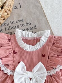 SHEIN Toddler Baby Girls A-Line Dress Sweet Pink Heart Print Bow Lace Ruffle Long Sleeve Ruffle Regular Birthday Party Summer Princess Holiday Corduroy - Pink - View 7