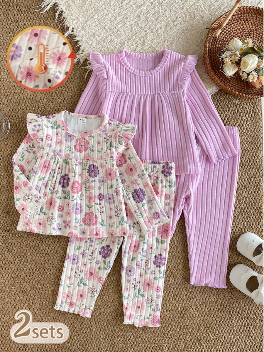 SHEIN 2 Sets Toddler Girl Top And Pants Sweet Pink Lavender Floral Ruffle Ribbed Long Sleeve Crew Neck Regular Holiday Party Spring - Purple - View 1