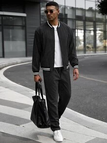 Manfinity CasualCool 男士拼色棒球領長袖夾克與長褲休閒日常套裝 - 黑色 - 查看 3