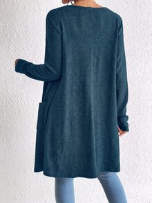SHEIN Essnce 雙口袋開襟外套（不含內搭背心），女款冬季休閒口袋常規袖寬鬆素色外套，日常休閒穿著 - 水鴨藍 - 查看 2
