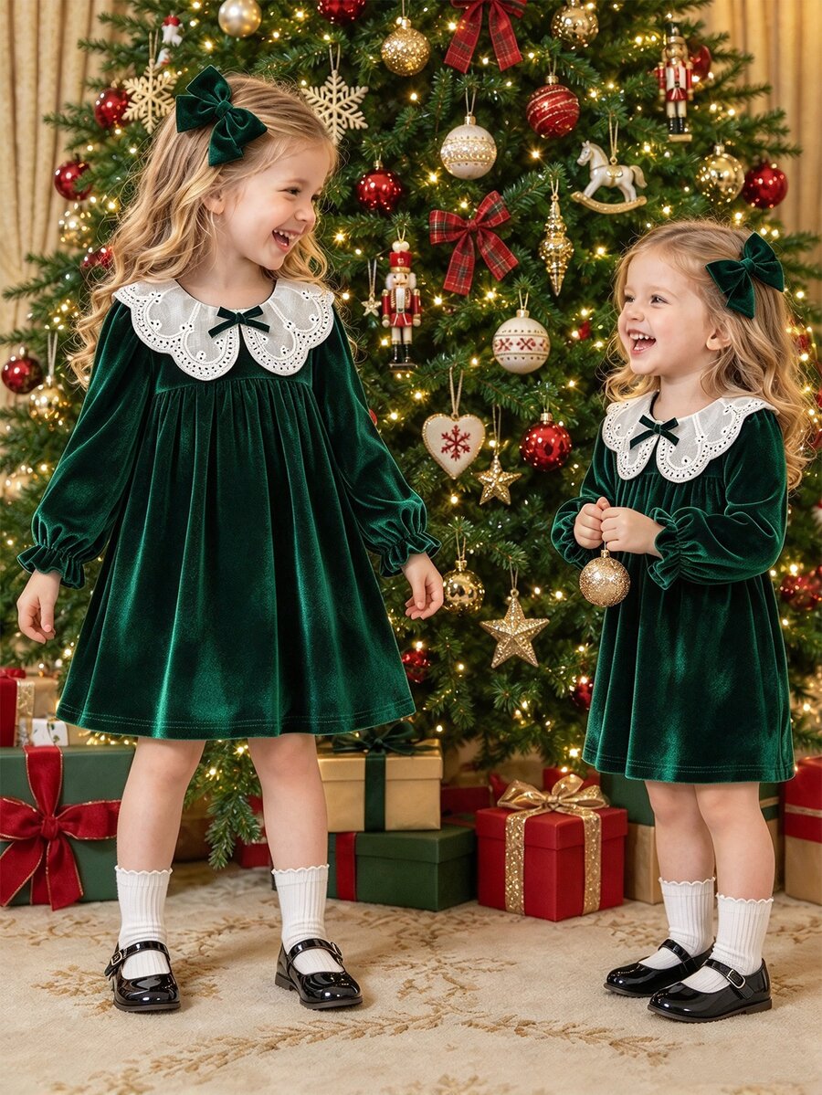 SHEIN Young Girls Green Velvet Dress, Cute Large Mesh Ruffle Collar ...