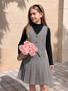 SHEIN 3件組女童秋冬休閒套裝：無袖鈕扣背心、高領寬螺紋長袖T恤、百褶裙，適合日常休閒外出與派對 - 黑色 - 查看 4