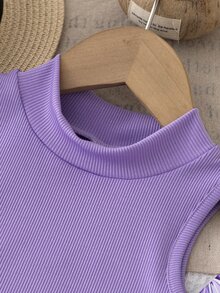 SHEIN Genkimix Kids 少女 2 件套：紫色半高領無袖背心上衣與印花寬腿長褲，適合海灘度假、短途旅行與日常散步的休閒穿搭 - 紫色 - 查看 6