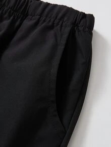 SHEIN 青少年男孩冬季2件套復古拼色立領拉鍊運動夾克與對比滾邊降落傘工裝束口休閒運動套裝 - 黑色 - 查看 5