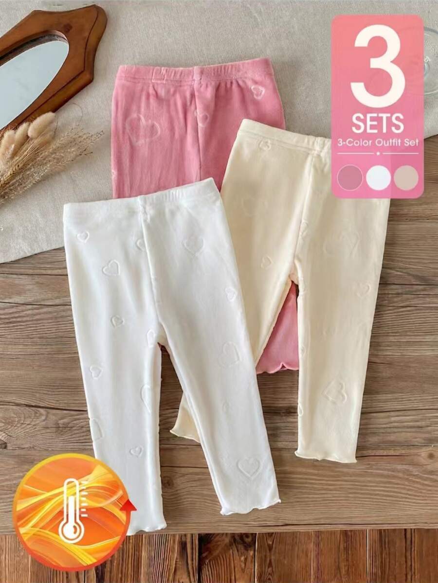 SHEIN Vintaside Kids 幼女柔軟天鵝絨打底褲,滿版愛心壓紋荷葉邊褲腳彈性腰頭日常下著 - 彩色 - 查看 1