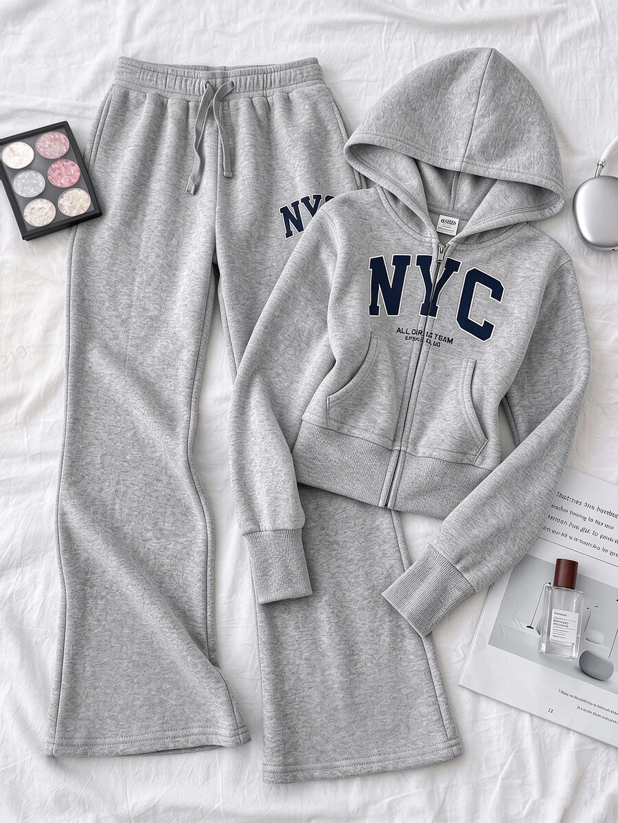 SHEIN Tween Girl 兒童 NYC 城市印花運動衫與喇叭褲 2 件套,灰色拉鍊連帽衫與運動褲休閒套裝 - 淺灰色 - 查看 1