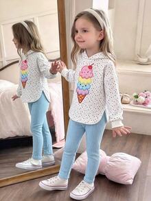 SHEIN Playful Pals 女童 2 件組可愛冰淇淋刺繡羅紋連帽上衣與淺藍色純色內搭褲套裝，甜美風 - 藍色 - 查看 1