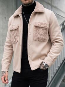 Manfinity CasualCool Jaket Wol Kasual Pria dengan Kerah untuk Pemakaian Sehari-hari - Krem - View 3