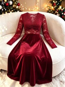 GlowEve CURVE A Plus Size Lady's Elegant Lace-Embroidered Autumn Long Dress - Red - View 3