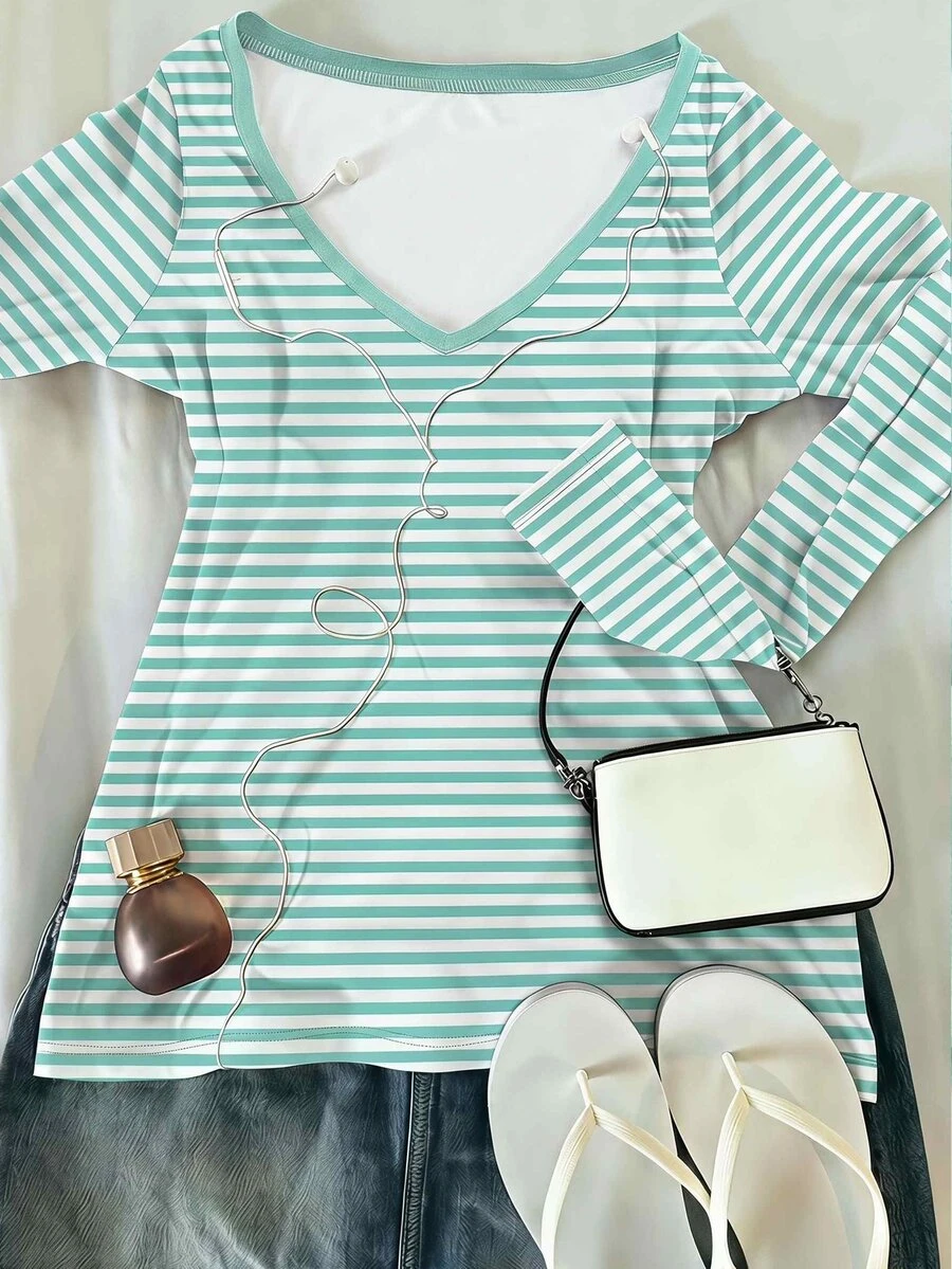 Teen Girls Casual Minimalist V-Neck Versatile Slim Fit Long Sleeve T-Shirt - Multicolor - View 1