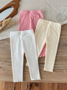 SHEIN Vintaside Kids 幼女柔軟天鵝絨打底褲，滿版愛心壓紋荷葉邊褲腳彈性腰頭日常下著 - 彩色 - 查看 2