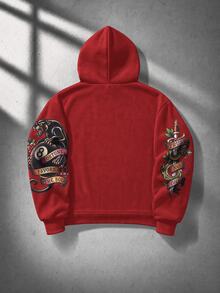 ROMWE MEN Street Life Street Retro Print Pattern Loose Fit Hoodie - Red - View 2