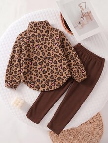 Girls 2 Pieces Set, New Autumn/Winter Brown Leopard Print Half-Zip Stand Collar Sweatshirt With Curved Hem And Elastic Waist Leggings, Sweet Casual Style - Multicolor - View 2
