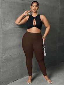 SHEIN SXY 大尺碼女款純色休閒百搭日常穿著緊身內搭褲 - 棕色 - 查看 5