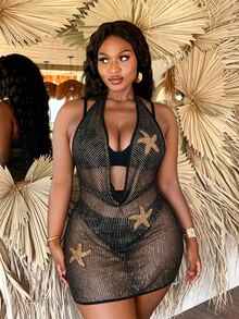 Slaydiva Plus Size Beach Sequin Applique Embroidered Cowl Neck Cover-Up Dress - Black - View 6