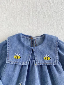 SHEIN 女嬰幼兒春秋時尚大翻領水洗刺繡長袖牛仔洋裝 - 中等水洗藍 - 查看 5