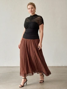 MOTF PREMIUM PLUS SIZE ELEGANT SHEER MESH PLEATED T-SHIRT - Black - View 6