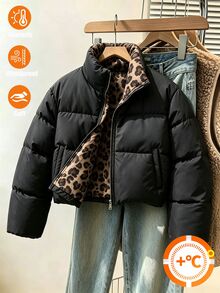 青少年女孩棕色豹紋抓絨內裡立領短版夾克保暖冬季外套 - 黑色 - 查看 1