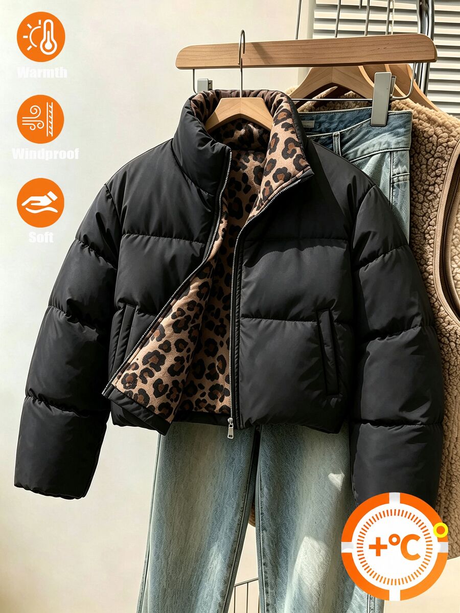 青少年女孩棕色豹紋抓絨內裡立領短版夾克保暖冬季外套 - 黑色 - 查看 1