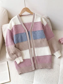 SHEIN Tween Girl Tween Girl Kids White School Back-To-School Color Block Knit Color Cardigan, Autumn Winter Long Sleeve Tween Girl Sweater, Back To School - Multicolor - View 4