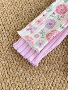 SHEIN 2 Sets Toddler Girl Top And Pants Sweet Pink Lavender Floral Ruffle Ribbed Long Sleeve Crew Neck Regular Holiday Party Spring - Purple - View 6