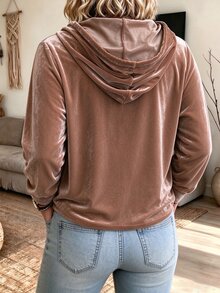 Weeklong Plus Size Women's Brown Coffee Gold Velvet Hooded Sweatshirt, Contrast Color Drawstring Loose Long Sleeve Top, Minimalist Casual Style For Daily Wear, Shopping And Commuting - Brown - View 2