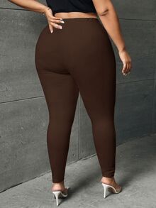 SHEIN SXY 大尺碼女款純色休閒百搭日常穿著緊身內搭褲 - 棕色 - 查看 2