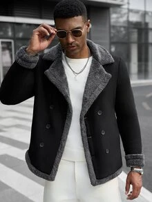 Manfinity CasualCool Jaket Wol Kasual Longgar Berkerah Lebar Kancing Ganda Warna Hitam Suede Fleece untuk Pria - Hitam - View 3