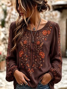 Selamara Women's Floral Embroidered Round Neck Long Sleeve Casual Shirt - Multicolor - View 4