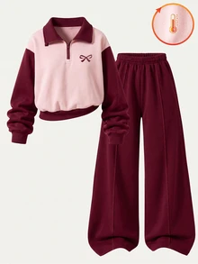 SHEIN 女童青少年秋季抓絨內裡運動休閒套裝 2件式可愛拼色四分之一拉鍊 Polo 領運動衫與運動長褲套裝 校園風 酒紅色 - 酒紅色 - 查看 3