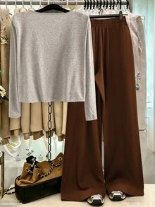 GlowEve CURVE Plus Size Fashion Casual Solid Coffee Brown Knit Cardigan, Front Button Closure, Contrast Letter Print Slim Fit Drawstring Decor, Elegant Casual Commute Daily Wear, Autumn Essential - Coffee Brown - View 2