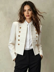 Franclia French Style Stand Collar Double-Breasted Gold Button Cropped Blazer Jacket For Women, Premium Commuter Slimming Top For Petite - White - View 3