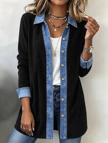 SHEIN LUNE قميص نسائي كاجوال يومي بأكمام طويلة بتصميم كتل لونية - الأسود - مشاهدة 1